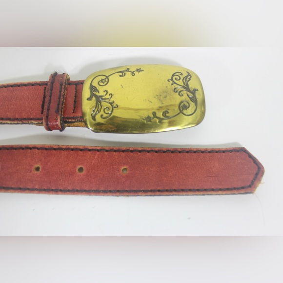 Vintage Red Leather Belt with Gold Statement Buckle Made in USA Black Topstitchi - Picture 9 of 10